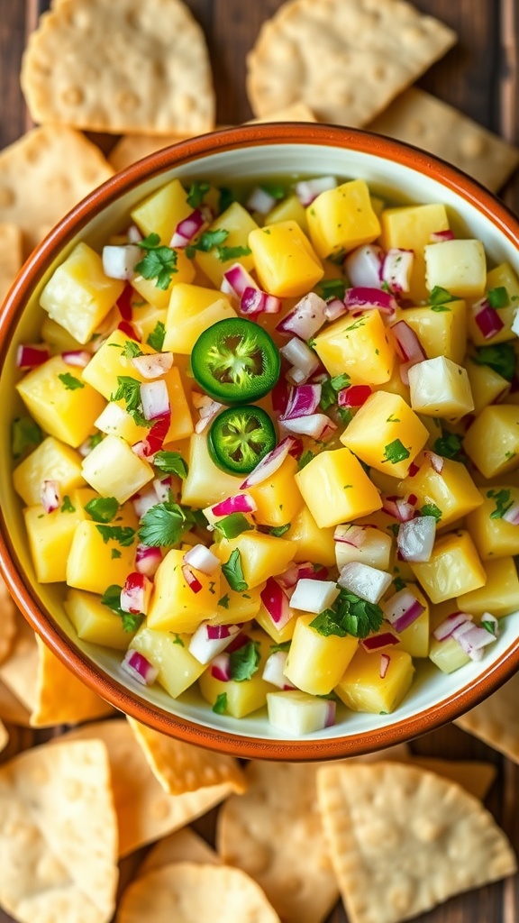 A vibrant bowl of tequila and pineapple salsa with chips, featuring diced pineapple, red onions, and jalapeño.